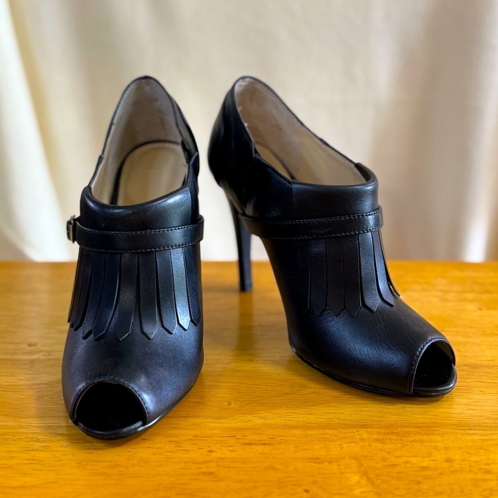 Black Genuine Leather Fringe Open Toe Booties/Colin Stuart
